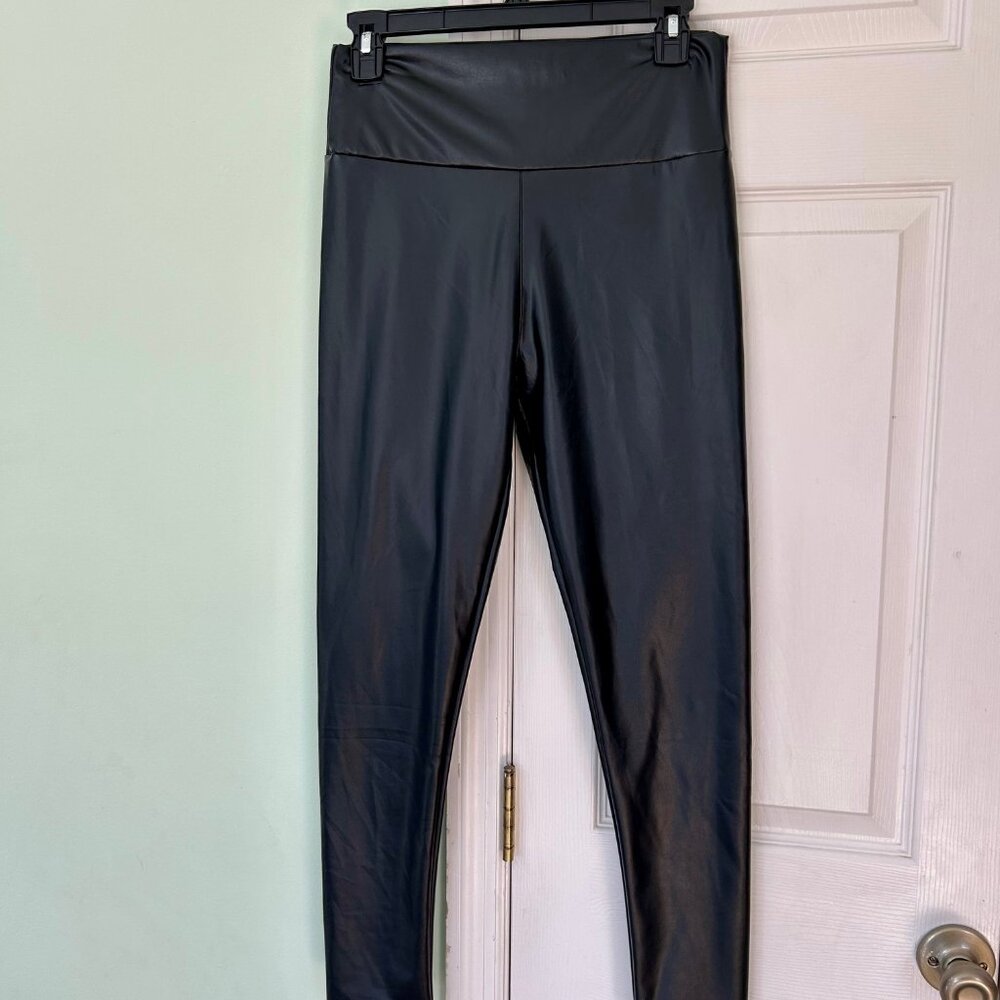 Black Faux Leather Leggings Size M High Waist Stretch